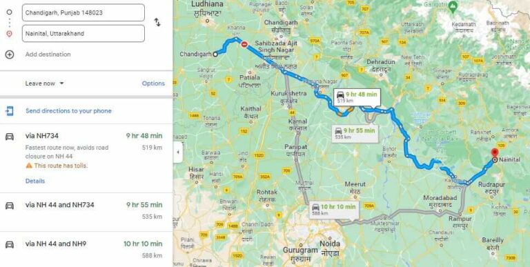 Chandigarh To Nainital Distance Route Map 768x387 