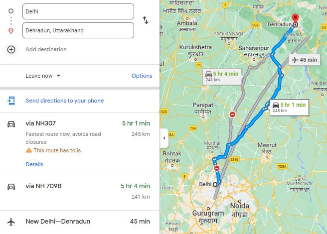 delhi to dehradun distance route map