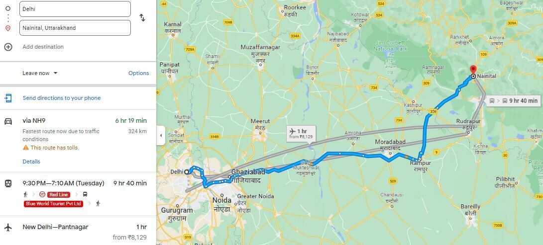 delhi to nainital distance route map
