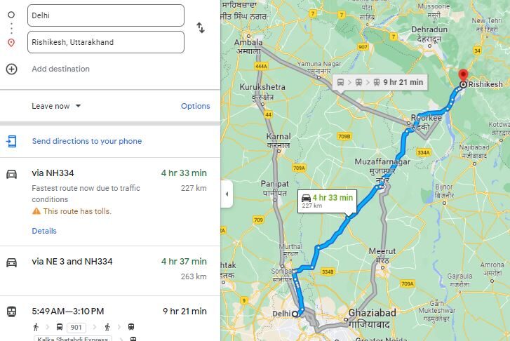 delhi to rishikesh distance route map