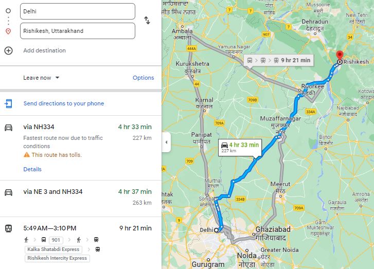 delhi to rishikesh distance route map