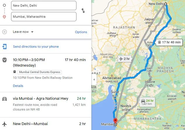 new delhi to mumbai distance